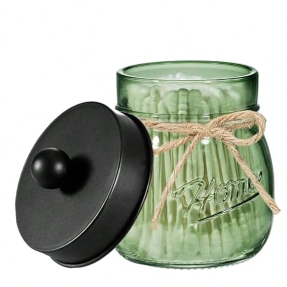 Green Glass Qtip Holder Dispenser Mason Jar Apothecary Jars with Lids Bathroom Organizers and Storage Vanity Countertop Canisters Set for Cotton Swab Ball Pad Floss Pick-Black 1Pc