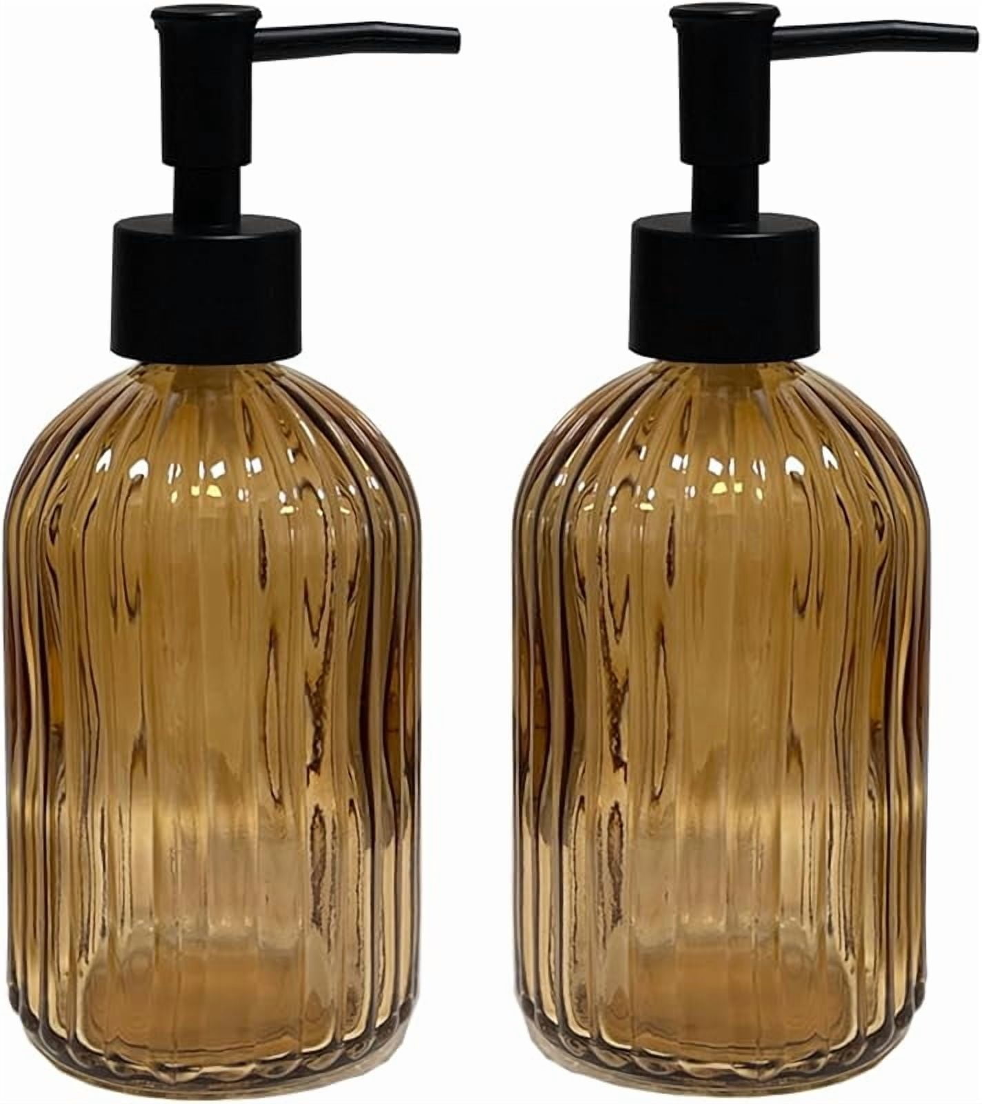 Green Glass Soap Dispenser Set With Black Pump, 13.5Oz Refillable Liquid Hand Soap Dispenser, Lotion Dish Soap Dispenser for Modern Home Decor, Bathroom, Kitchen Countertop, Hotel(2 Pack)
