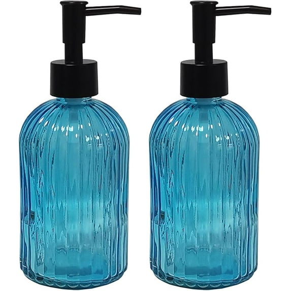 Green Glass Soap Dispenser Set With Black Pump, 13.5Oz Refillable Liquid Hand Soap Dispenser, Lotion Dish Soap Dispenser for Modern Home Decor, Bathroom, Kitchen Countertop, Hotel(2 Pack)