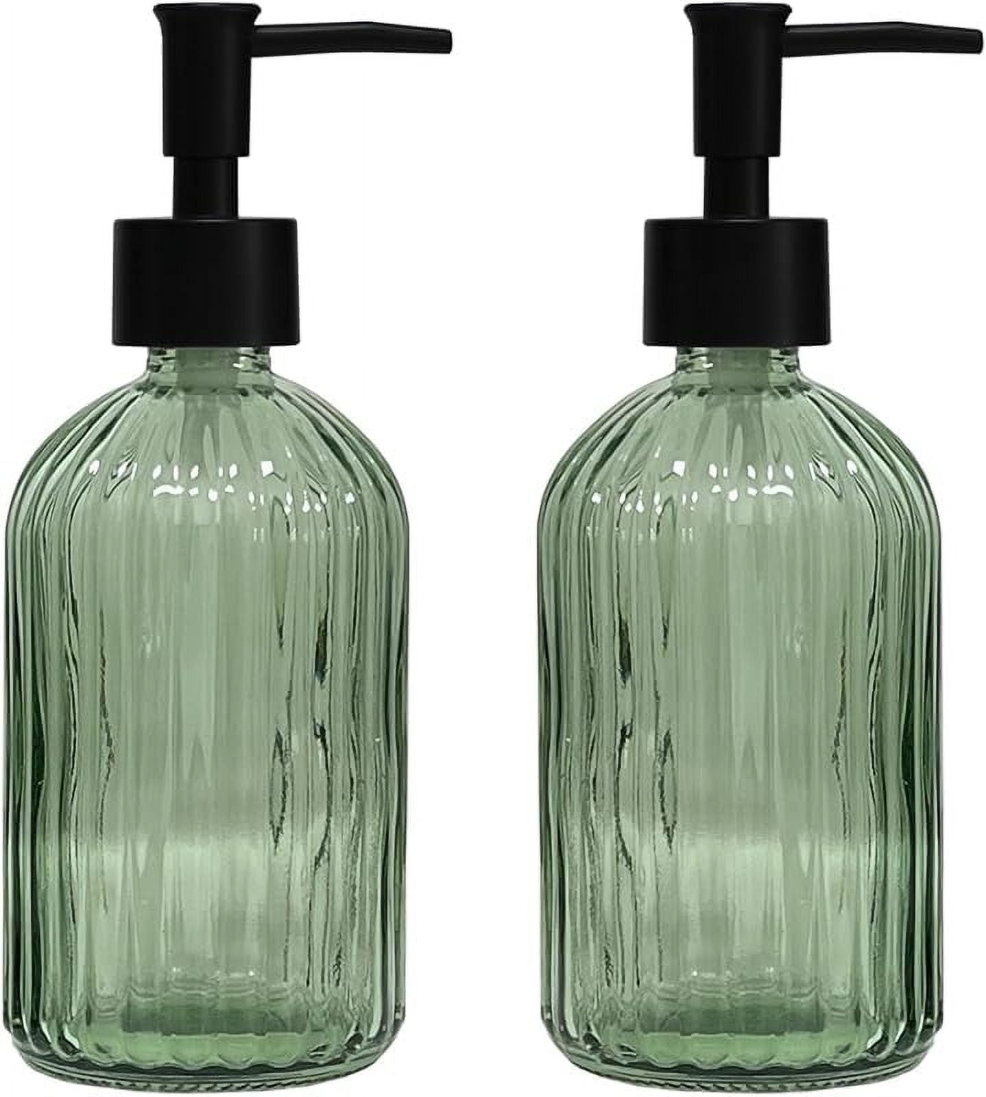 Green Glass Soap Dispenser Set with Black Pump, 13.5Oz Refillable Liquid Hand Dispenser, Lotion Dish Soap Dispenser for Modern Home Decor, Bathroom, Kitchen Countertop, Hotel(2 pack)