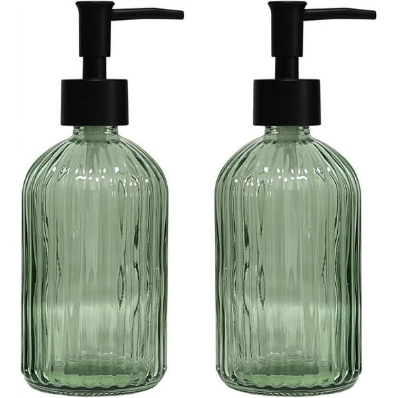 Green Glass Soap Dispenser Set with Black Pump, 13.5Oz Refillable Liquid Hand Dispenser, Lotion Dish Soap Dispenser for Modern Home Decor, Bathroom, Kitchen Countertop, Hotel(2 pack)