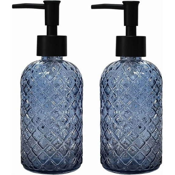 Green Glass Soap Dispenser Set With Black Pump, 13.5Oz Refillable Liquid Hand Soap Dispenser, Lotion Dish Soap Dispenser for Modern Home Decor, Bathroom, Kitchen Countertop, Hotel(2 Pack)