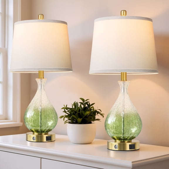 Green Glass Table Lamps for Living Room, Bedside Lamps Set of 2 with USB A+C Charging Ports
