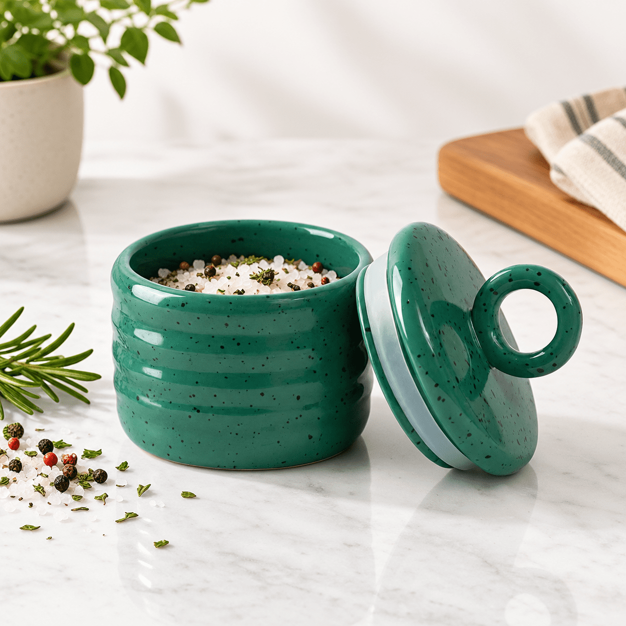 Green Glazed Ceramic Salt Cellar Keeper With Lid, Big Capacity ...