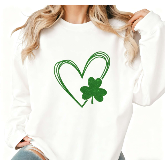 Green Glitter Clover Heart Womans Print Sweatshirt Graphic Sweatshirt White St Patricks Day Casual Wear S-3XL Tops