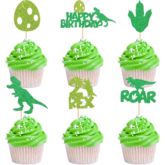Green Glitter Dinosaur Cupcake Toppers for Boys, 12PCS Kids Birthday Picks, Roar T-Rex Cake Decor for Dinosaur Party