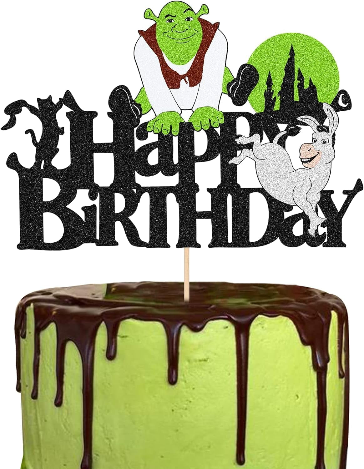 Green Glitter Donkey Birthday Cake Topper - Cartoon Shrek Theme Party ...