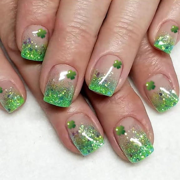 Green Glitter French Tip Press on Nails St. Patrick's Day Clover Fake Nails Glossy Short Square Glue on Nails Saint Patrick Lucky Shamrock Stick on Nails for Women DIY Manicure Multicolor St.