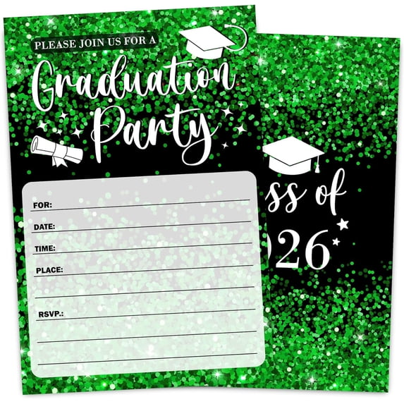 Green Glitter Graduation Invitation Card for Graduate, Green Glitter Graduation Party Invites, 30 Cards & 30 Envelopes, 4x6 Inches, Double-Sided