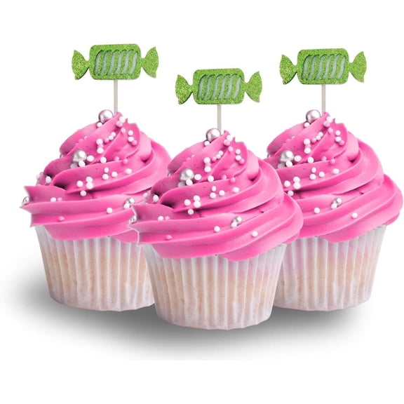 Green Glitter Hollow Candy Cupcake Toppers, 12PCS Sweet Candy Silhouette Cupcake Picks for Candy Land Theme Kids Birthday Party Cake Decorations