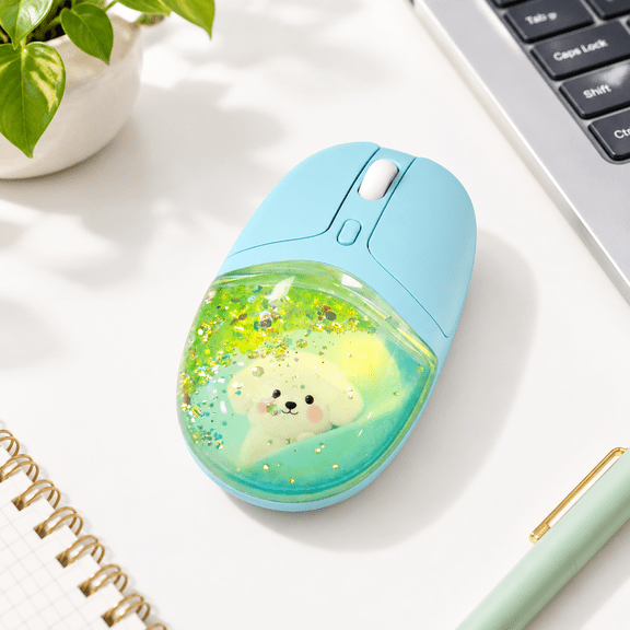 Green Glitter Liquid Sand Wireless Mouse, Optical Silent Click LED Retro Style for Home Office