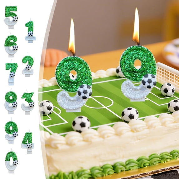 Green Glitter Number 0-9 Soccer Candles, Cake Decor Accessories for Soccer themed birthday parties, Game Day Celebrations And Sports Party Layout, 7