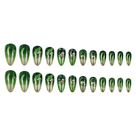 Green Glitter Press on Nails,Medium Almond Shaped False Nails,Mushroom and Leaf Designs Gradient Fake Nail,Nature Full Cover Stick on False Nail Set for Women Home NailSalon