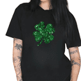 thumbnail image 1 of Green Glitter Shamrock Print Tshirt Graphic Tees Black Shirts S-5XL St Patricks Day Simple Womens Tops, 1 of 5