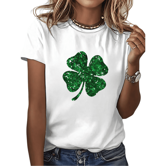 Green Glitter Shamrock Print Tshirt Graphic Tees White Shirts S-5XL St Patricks Day Simple Womens Tops