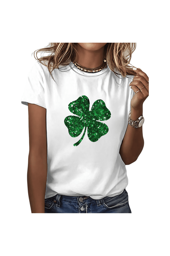 Green Glitter Shamrock Print Tshirt Graphic Tees White Shirts S-5XL St Patricks Day Simple Womens Tops