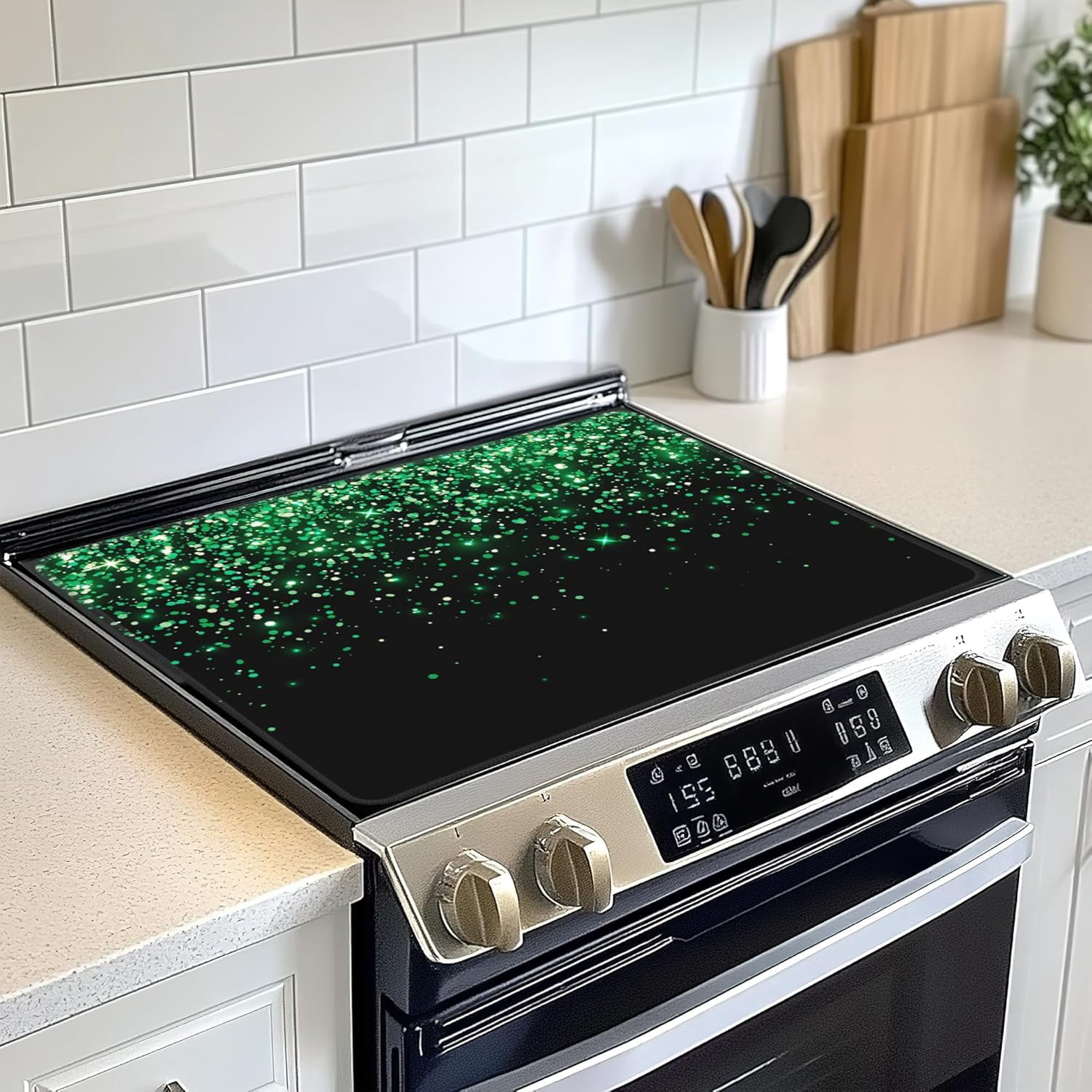 Green Glitter Stove Top Cover for Electric, Glass Ceramic Stove Cover, Heat Resistant Flat Stovetop Protector, Dish Drying Mats for Kitchen