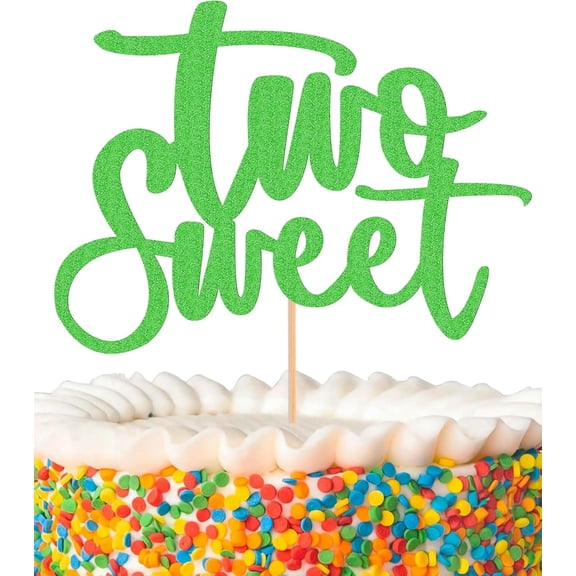 Green Glitter Two Sweet Cake Topper, Cursive Script Cake Pick for Baby 2nd Birthday Toddler Party Cake Decor Supplies,1 Pack