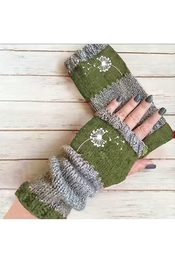 Green Gloves Mittens for Women Men Fingerless Gloves with Dandelion Pattern 8 Color Knitted Half Finger Gloves for Touchscreen Use