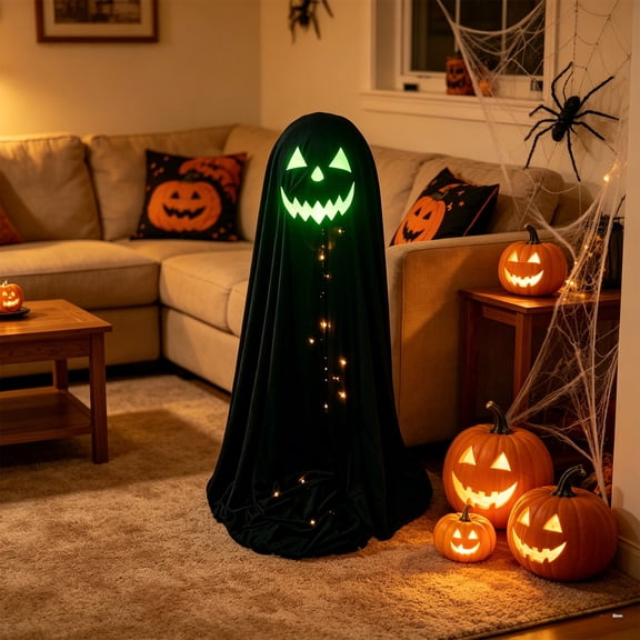 Green Glowing Jack O Lantern Face Standing Ghost,Black Fabric LED Ghost with Support Pole,Adjustable Outdoor Yard Halloween Decoration for Porch Lawn