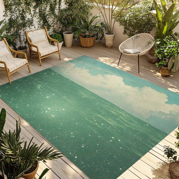 Green Glowing Ocean Sky Outdoor Rug 5x8 Ft - Reversible Patio Rug Outdoor Camping Rugs, Abstract Nature Clouds Washable Indoor Outdoor Area Rugs, Non-Slip Outdoor Carpet Runner for Deck/Porch