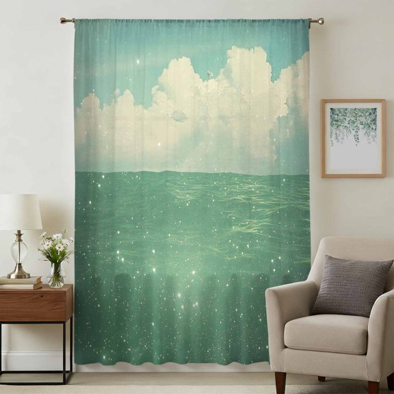 Green Glowing Ocean Sky Sheer Curtains 54 Inches Long, Abstract Nature Clouds Light Filering Curtains, Breathable Simi Curtain Privacy Drapes for Kitchen Bathroom Lightweight Small Window Treatment