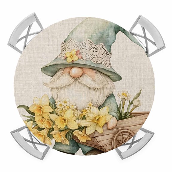 Green Gnome Elastic Fitted Round Table Cover Cart Full of Flowers Waterproof Outdoor Tablecloth for Holiday Party, Picnic, Patio & Dining Fits Tables Up to 45"-54"