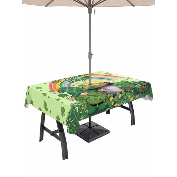 Green Gnomes St. Patrick's Day Outdoor Tablecloth - 60x84 Inch Rectangle Dining Table Cover, Lucky Clovers Rainbow Waterproof Outdoor Table Cloth with Umbrella Hole & Zipper for Picnic/Patio/Party