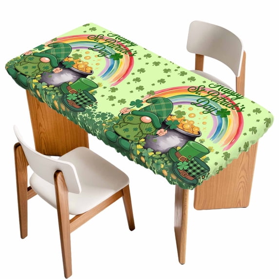 Green Gnomes St. Patrick's Day Table Cloths for 3 Foot Rectangle Tables, Lucky Clovers Rainbow Patio Waterproof Elastic Fitted Tablecloths, Washable Rectangular Table Cover for Camping