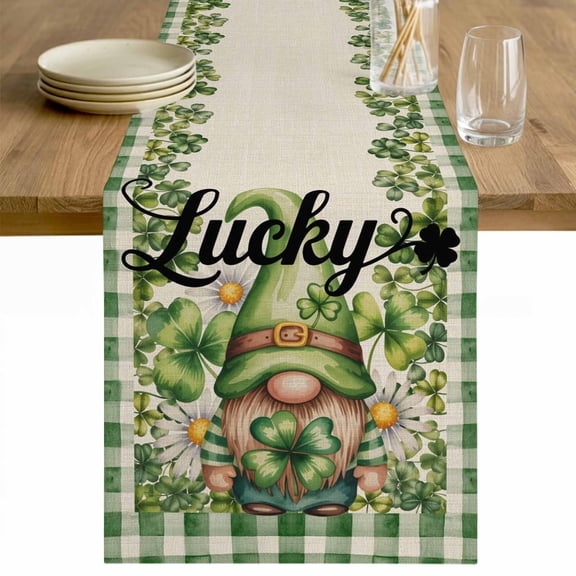 Green Gnomes Table Runner 70 Inches Long Farmhouse Dress Scarves, St Patrick's Day Shamrocks Farmhouse Plaid Dining Tablerunner for Coffee Table/Kitchen Island/Party Décor, 13" x 70"