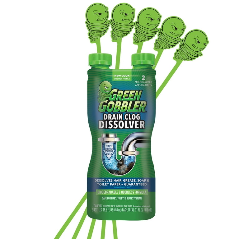 Green Gobbler Drain Clog Remover and Cleaner, 31 Oz - Biodegradable  Formula, 5 Drain Clog Tools Included
