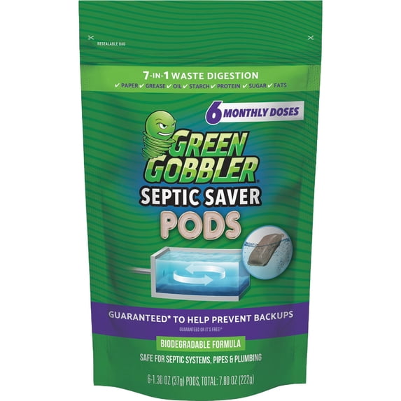 Green Gobbler Septic Tank Enzyme Treatment Packets, 6 Month Supply - Powerful & Natural Bacteria to Prevent Costly Septic Issues, Back-Ups