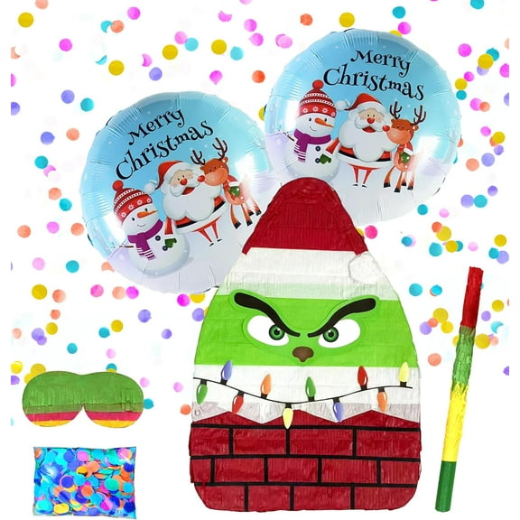Green Goblin Pinatas: Unique Christmas Decorations for Themed Celebrations and Holiday Party Games Includes Busterstick, Blindfold, Confetti and 2 Merry Chirstmas Ballons