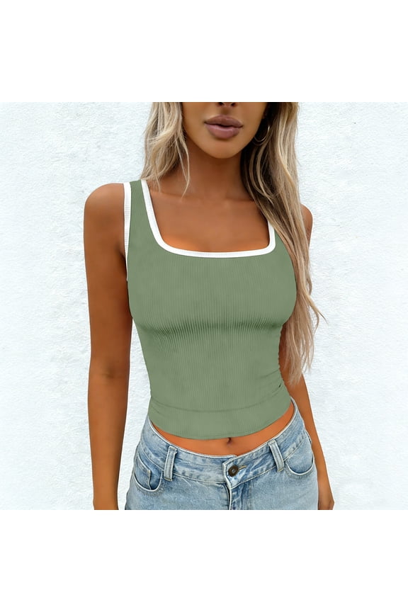 Green Going Out Tops for Women Cotton Ribbed Square Neck Tank Tops Basic Backless Sleeveless Summer Shirts