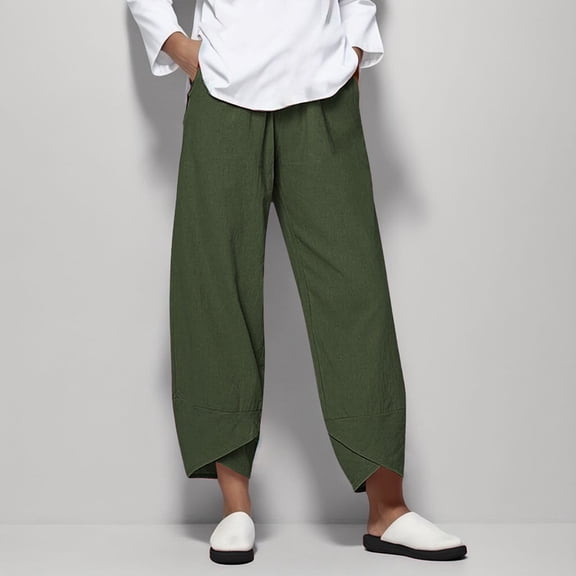 Green Going Out Outfits for Women, Womens Pants Dressy Casual, Weekend Cotton Business Casual Pants for Women, Loose Women Straight Summer Pants High Casual Waist Long Solid Cotton