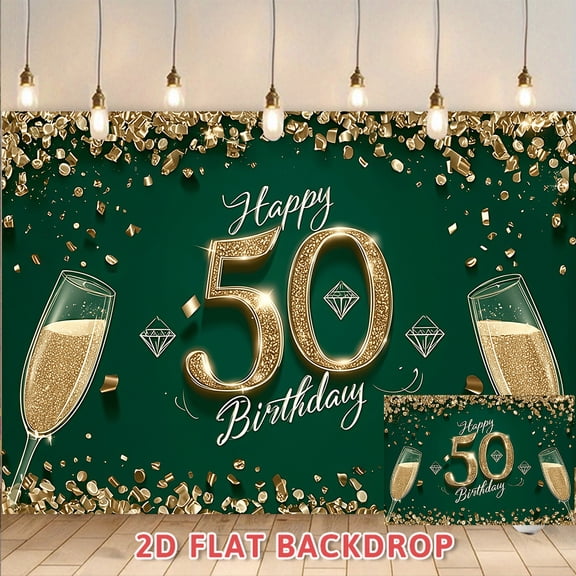 Green and Gold 50th Birthday Backdrop, Champagne Themed Adult Birthday Party Decoration Banner, Perfect for 50th Birthday Banquet Photo Booth and Celebration Scene