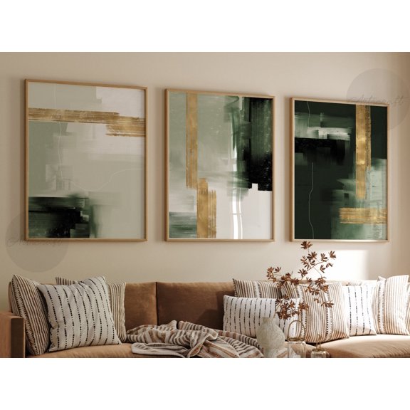 Green Gold Abstract Prints Set Of 3, Forest Brush Stroke Gallery Wall Art