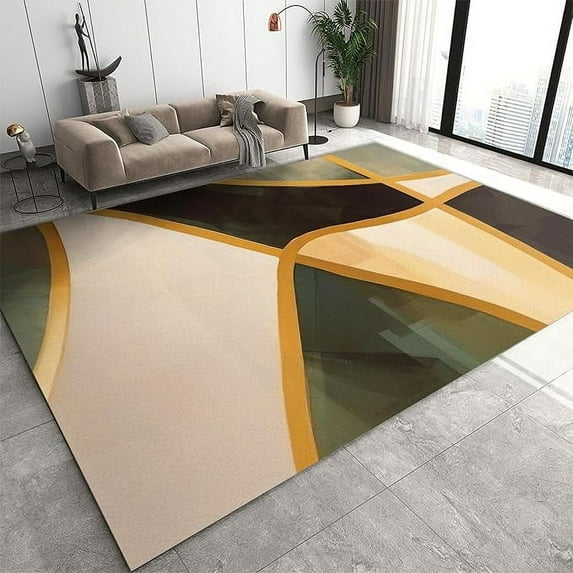 Green And Gold Abstract Tones Area Rugs, Vintage Green Marble Texture Rugs For Living Room, With Non-Slip Rubber Backing Large Carpet For Living Room Bedroom Dining Room 5 x 7ft