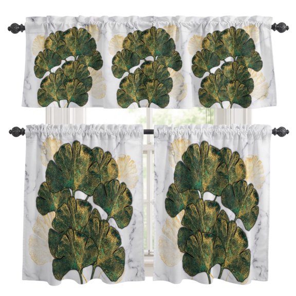 Green Gold Almond Leaves Kitchen Curtains Set for Windows, Marble Textures Modern Style Curtains Valance and Tier 3 Piece Set Small Drapes 36 Inch Length for Kitchen Bedroom Decor