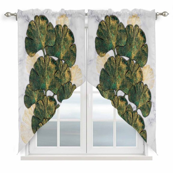 Green Gold Almond Leaves Swag Curtain Valance for Window 2 Panels Marble Textures Modern Style Rod Pocket Small Window Swag Valances for Kitchen Bedroom Bathroom 36" W x 63" L