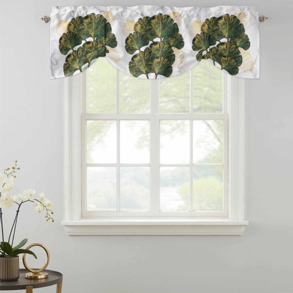Green Gold Almond Leaves Tie Up Valances Curtain, Marble Textures Modern Style Adjustable Valance for Window Light Filtering for Kitchen and Bathroom Rod Pocket 1 Panel 42x12in