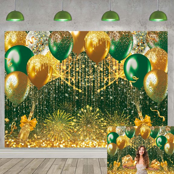 Green and Gold Backdrop Gold Green Bokeh Balloons Photography Background for Birthday Wedding Prom Graduation New Year Party Decorations Banner Photo Booth Props