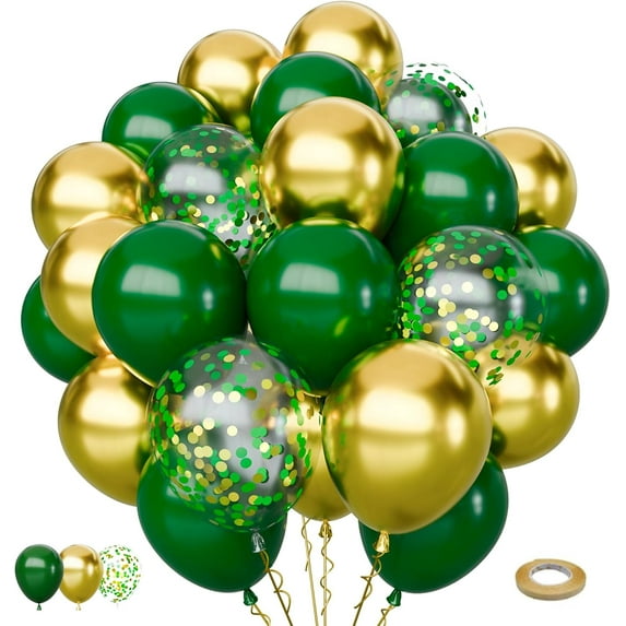 Green and Gold Balloons Set, 65Pcs Dark Green Balloons, 12in Metallic Gold Balloons Green Confetti Latex Balloons for Birthday, Graduation, St.Patrick's Day, Jungle Party Decorations