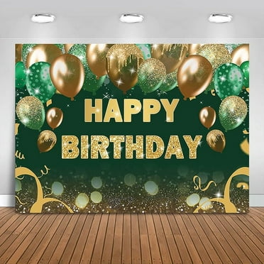 Green Gold Birthday Backdrop 7x5ft Gold Green Bokeh Balloons Women Men Happy Birthday Banner Decoration Birthday Party Photography Background Photo Backdrop Props