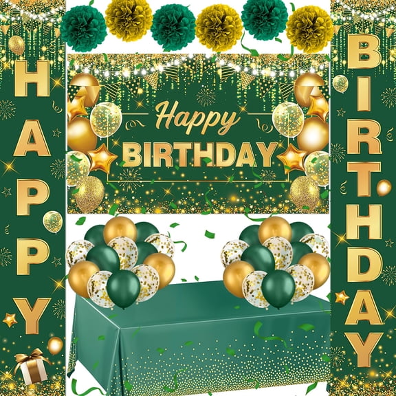 Green and Gold Birthday Decorations - Emerald Green and Gold Party Decor Include Happy Birthday Banner, Balloons, Porch Sign, Tablecloth, Paper Pom Poms Y114