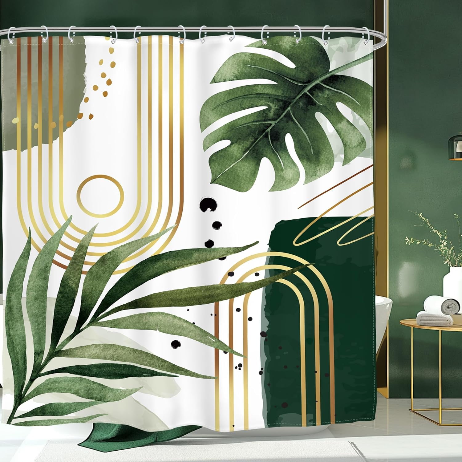 Picture of Green Gold Boho Mid Century Shower Curtain Abstract Tropical Plant ...