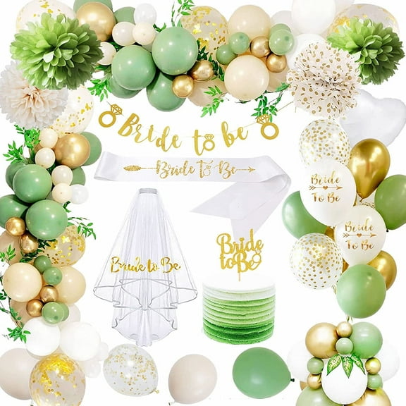 Green Gold Bride to Be Balloons Kit, Party Accessories Set Bridal Shower Decoration Bride to Be Sash, Bridal Veil for Party Supplies, Wedding Party Hen Party Balloons