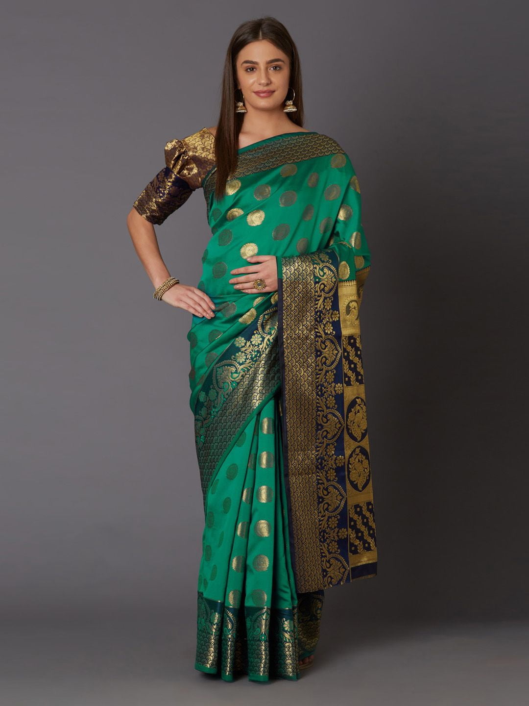 Green & Gold-Toned Silk Blend Woven Design Banarasi Saree