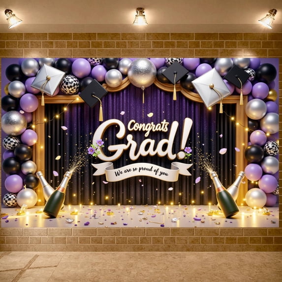 Green & Gold Congrats Grad Banner Graduation Cap Design Grad Party Backdrop Balloon Decor Glitter Accent for Graduation Party College Graduation Indoor Celebration