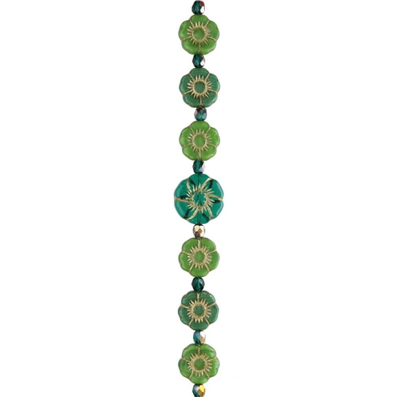 Green and Gold Czech Glass Flower Bead Mix by Bead Landing – 6 Pack of 15 Beads (90 Total) in 5.7mm to 21.9mm Sizes for Jewelry Making - Home Decor - and Crafts